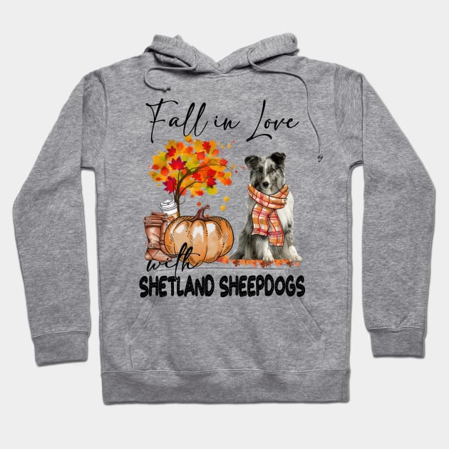 Fall In Love With Shetland Sheepdogs Pumpkin Thanksgiving Hoodie by Gearlds Leonia